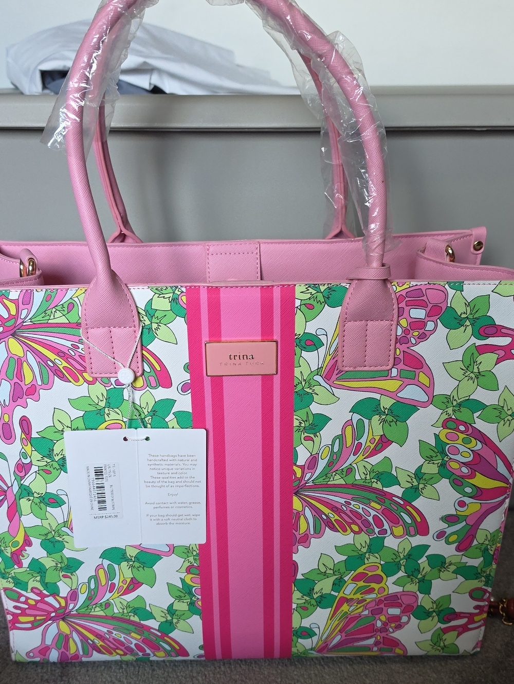 Trina Pink Floral Butterfly Tote Bag with Green Leaf Accents